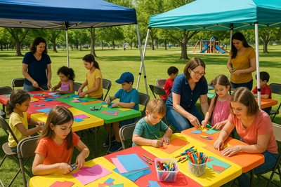 pop up craft station with kids and adults outside at a park